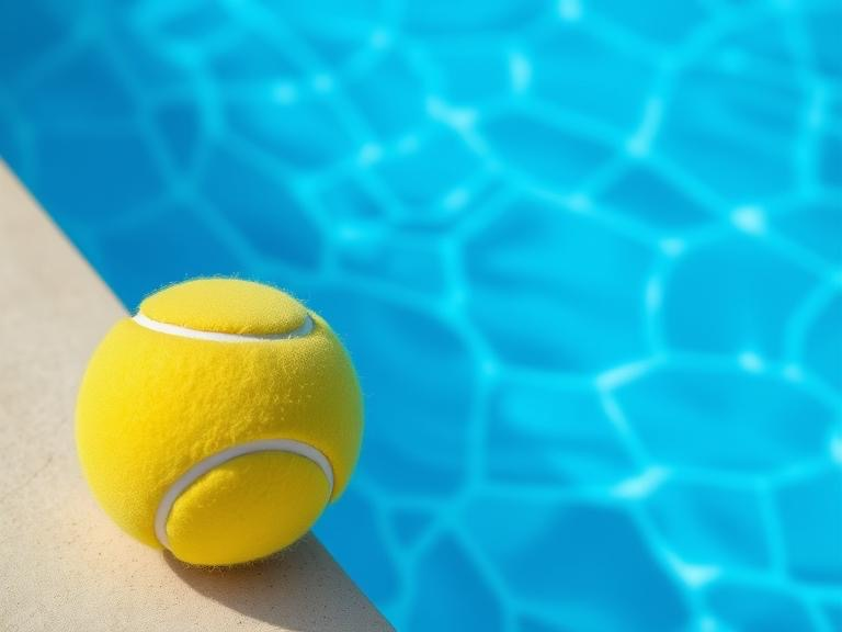 Tennis ball up close on the left hand side with a white vertical divider and water on the right