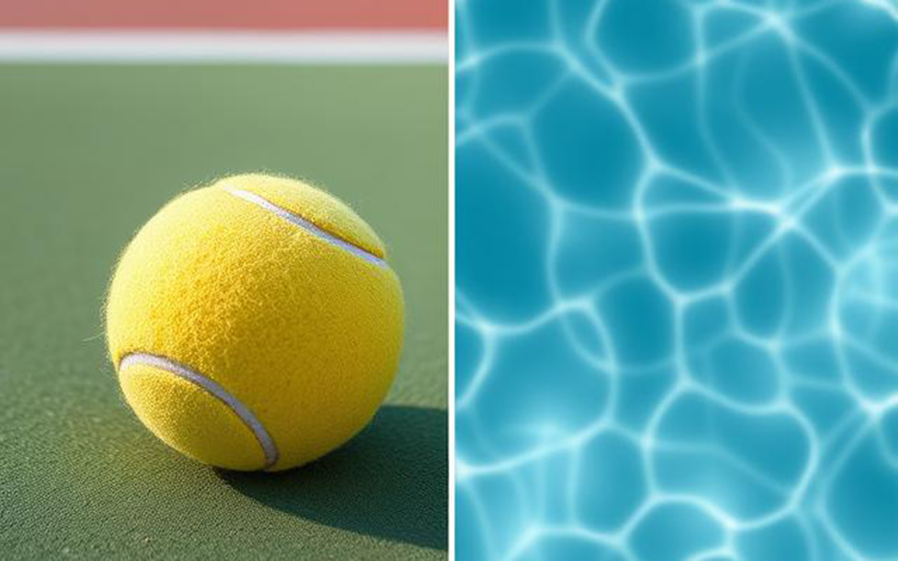 Tennis ball up close on the left hand side with a white vertical divider and water on the right